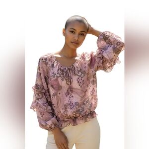 INC Pink & Purple Floral Fairy Ethereal Flutter Sleeve Blouse with Tie Front M